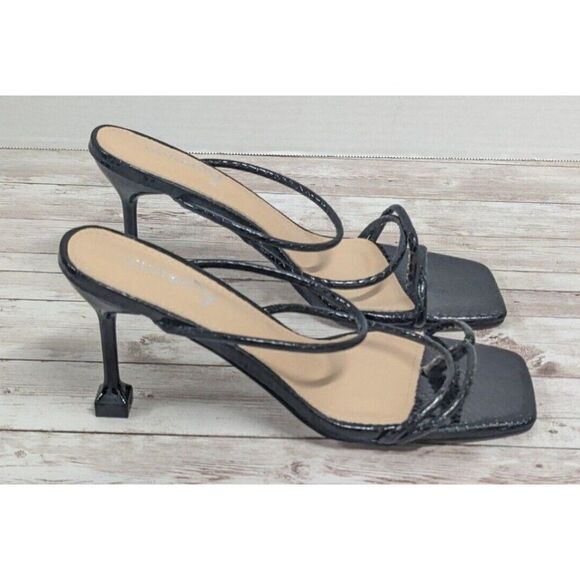 Viviany Womens Size 8 Black Leather Open Toe Slip On Slide Spool 3.5" Heels - Picture 1 of 9